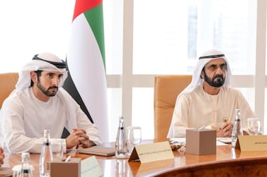 Sheikh Mohammed bin Rashid, Vice President and Ruler of Dubai, and Sheikh Hamdan bin Mohammed, Crown Prince of Dubai, hold the first meeting of the Dubai Council on Tuesday. Courtesy: Dubai Media Office