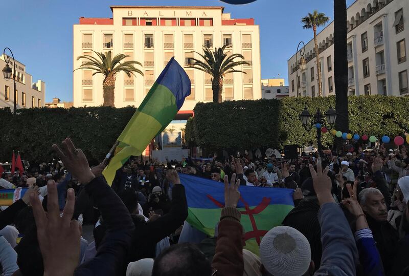 Amazigh people celebrate their new year outside the parliament with calls on the state to recognise the day as an official holiday and protect their language in Rabat, Morocco. Reuters