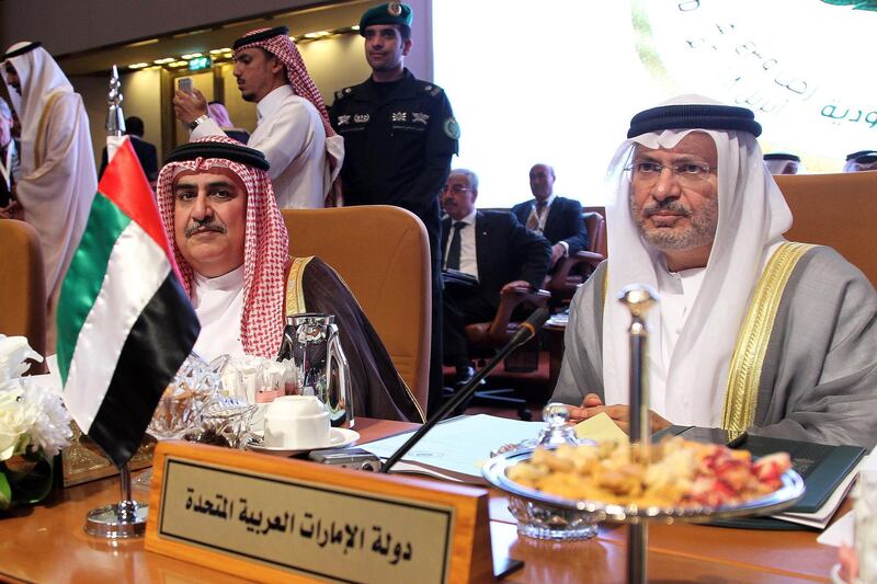 Bahraini Minister of Foreign Affairs Khalid bin Ahmed Al Khalifa and UAE Minister of State for Foreign Affairs Anwar Gargash attend a preparatory meeting of Arab Foreign Ministers in Riyadh, Saudi Arabia. Ahmed Yosri / EPA