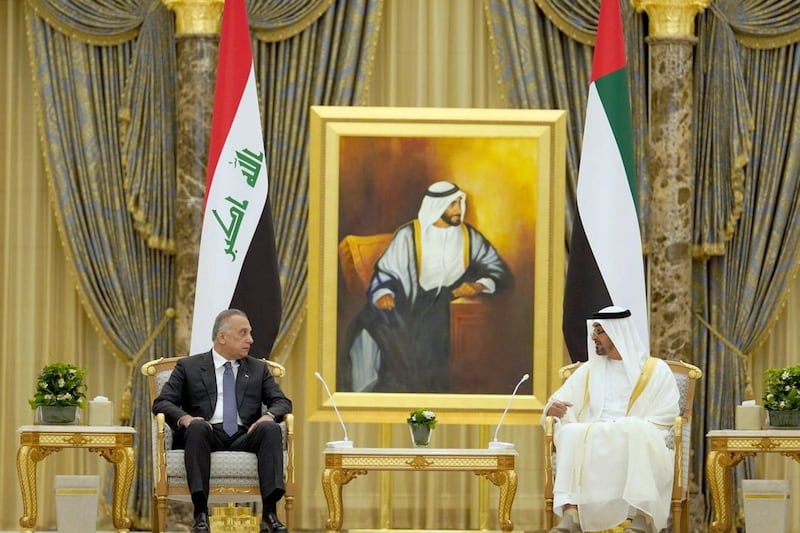 The official reception for Iraqi Prime Minister Kadhimi with Sheikh Mohamed Bin Zayed at Qasr Al Watan. Courtesy the Iraqi Prime Minister's Office