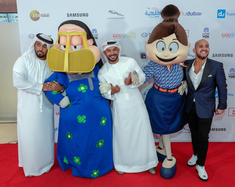 Dubai, United Arab Emirates, May 21, 2019.    Premiere of Image Nation’s latest, Rashid and Rajab.  Red carpet,  “celebs” and bigwigs. -- (L-R)  Marwan Abdullah Saleh (Rashid); Mohammed Saeed Harib (Director); and Shadi Alfons (Rajab).
Victor Besa/The National
Section:  A&L
Reporter:  Chris Newbould