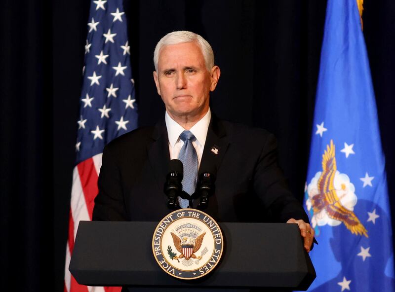 FILE - Vice President Mike Pence speaks during a memorial service for the late Air Force Brig. Gen. Chuck Yeager in Charleston, W. Va., on  Jan. 15, 2021. Pence has a book deal. His autobiography, currently untitled, is scheduled to come out in 2023. (AP Photo/Chris Jackson, File)