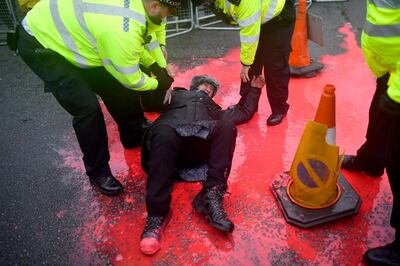 LONDON, ENGLAND - FEBRUARY 24: Police arrest a protestor for throwing red paint on the ground in support of WikiLeaks founder Julian Assange outside Belmarsh prior to his extradition hearing on February 24, 2020 in London, England. Assange is wanted by the United States on charges related to the publication of classified US military documents and faces a possible maximum 175-year prison sentence. (Photo by Peter Summers/Getty Images)