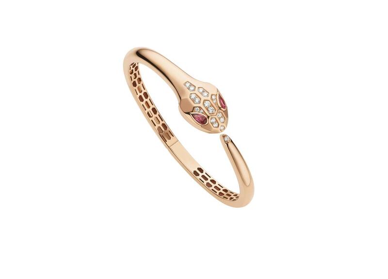 Serpenti bracelet in pink gold with rubellites and demi pavé diamonds, from Dh31,800. Courtesy Bulgari