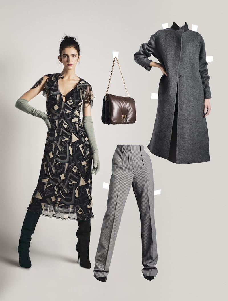 Dress, Dh3,490; gloves, Dh2,830; coat, Dh12,800; and trousers, Dh3,850, all from Fendi. Boots, Dh5,760, Christian Louboutin. Bag, Dh8,840, Loewe
