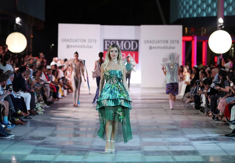 Dubai, United Arab Emirates - June 20, 2019: Designs by student designer Cécile Biscaglia, the collection takes inspiration from Cirque du Soleil. Esmod Fashion Show. Thursday the 20th of June 2019. City Walk, Dubai. Chris Whiteoak / The National