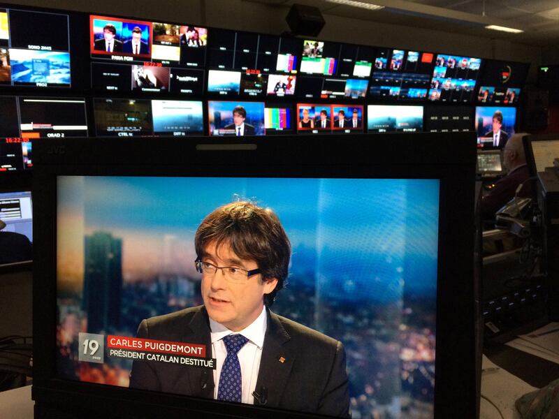 REFILE - CORRECTING BYLINE AND LOCATION  Ousted Catalan President Carles Puigdemont appears on a monitor during a live TV interview at the Belgian RTBF studio in Brussels, Belgium, November 3, 2017.  RTBF Television via REUTERS