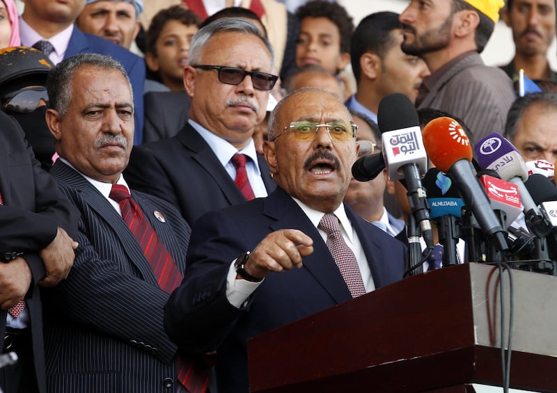epa06159469 Yemeni ex-president Ali Abdullah Saleh delivers a speech during a rally marking the 35th anniversary celebrations for the formation of his General People's Congress party, in Sana’a, Yemen, 24 August 2017.  According to reports, hundreds of thousands of ex-president Ali Saleh’s supporters massed around a big square in the Yemeni capital Sana’a to celebrate the 35th anniversary of General People's Congress (GPC) party, as tensions rose within the Houthi-Saleh alliance after Houthis tried to prevent the GPC party from summoning millions of supporters from across the war-torn country to attend the anniversary celebration in Sana’a.  EPA/YAHYA ARHAB