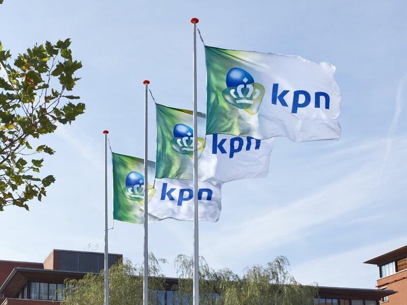 Dutch telecoms company KPN's logo flies on flags outside one of the company's office buildings. Courtesy of KPN