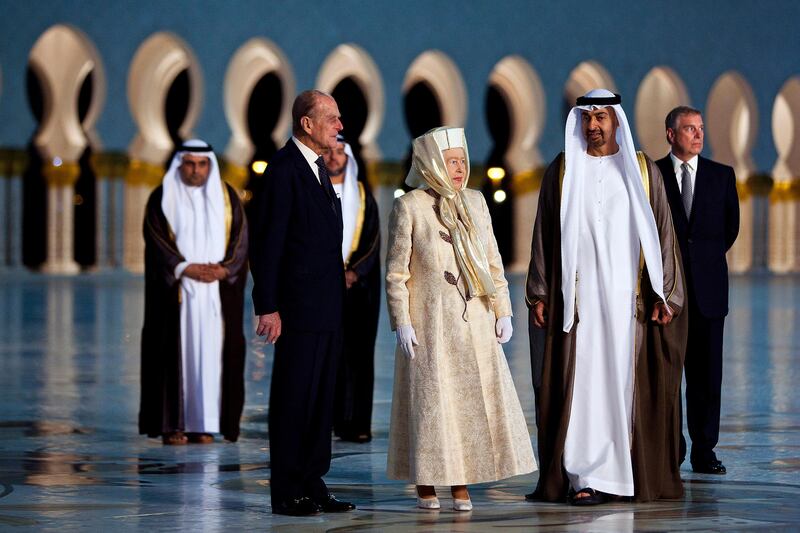 November 24, 2010 - Abu Dhabi, UAE -   Queen Elizabeth II and her husband Prince Philip, the Duke of Edinburgh, arrive at Sheikh Zayed Grand Mosque with HH Sheikh Mohammed Bin Zayed Al Nahyan, Crown Prince and Deputy Supreme Commander of the UAE Armed Forces, and Prince Andrew, the Duke of York, on Wednesday November 24, 2010.  (Andrew Henderson/The National)