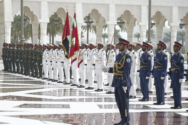 ABU DHABI, UNITED ARAB EMIRATES - February 06, 2020: The UAE Armed Forces Honor Guard participate in a reception for HE Macky Sall, President of Senegal (not shown), during an official visit at Qasr Al Watan. 

( Hamad Al Mansoori for the Ministry of Presidential Affairs )
---