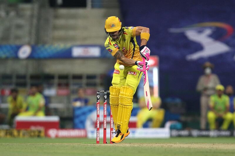 Faf du Plessis of the Chennai Superkings  plays a shot during match 1 of season 13 of the Dream 11 Indian Premier League (IPL) between the Mumbai Indians and the Chennai Superkings held at the Sheikh Zayed Stadium, Abu Dhabi  in the United Arab Emirates on the 19th September 2020.  Photo by: Pankaj Nangia /  Sportzpics for BCCI