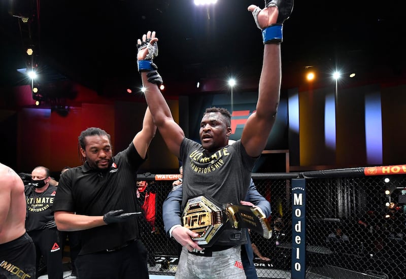 Francis Ngannou of Cameroon reacts after his victory over Stipe Miocic in their UFC heavyweight championship fight during the UFC 260 event at UFC APEX in Las Vegas, Nevada. Jeff Bottari / USA TODAY Sports / Reuters