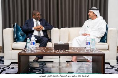 Sheikh Abdullah bin Zayed meets with Liberia's Minister of Foreign Affairs, Gbehzohngar Milton, in Abu Dhabi on Tuesday