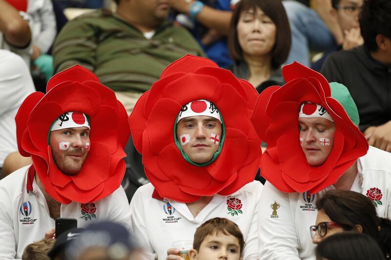 epa07932346 England rugby supporters react prior to the Rugby World Cup match between England and Australia, in Oita, Japan, 19 October 2019.  EPA/HIROSHI YAMAMURA EDITORIAL USE ONLY/ NO COMMERCIAL SALES / NOT USED IN ASSOCATION WITH ANY COMMERCIAL ENTITY