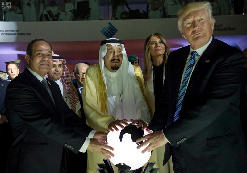 FILE - In this May 21, 2017 file photo, released by the Saudi Press Agency, from left to right, Egyptian President Abdel Fattah al-Sissi, Saudi King Salman, U.S. First Lady Melania Trump and President Donald Trump, visit a new Global Center for Combating Extremist Ideology, in Riyadh, Saudi Arabia. Egypt��������s Foreign Ministry has cancelled a meeting with senior White House advisor Jared Kushner after the U.S. announced aid cuts and delays to Egypt earlier. Kushner arrived on Wednesday, Aug. 23, 2017 on top of U.S. delegation that includes Jason Greenblatt, envoy for international negotiations, and Dina Powell, deputy national security adviser to discuss the possibility of resuming the Israeli-Palestinian peace process. (Saudi Press Agency via AP, File)