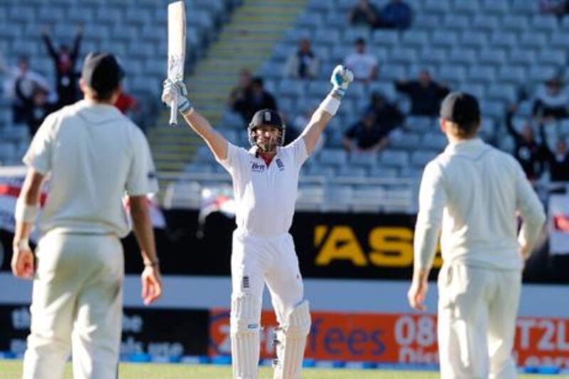 England's Matt Prior celebrates saving the series against New Zealand at Eden Park.