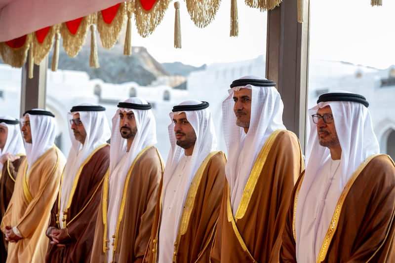 Dr Anwar Gargash, Diplomatic Adviser to the UAE President; Ali Al Shamsi, deputy secretary general of the Supreme National Security Council; Sheikh Mohamed bin Hamad, private affairs adviser at the Ministry of Presidential Affairs; Sheikh Hamdan bin Mohamed; Sheikh Hamed bin Zayed, managing director of Abu Dhabi Investment Authority; and Sheikh Mansour bin Zayed, Deputy Prime Minister and Minister of the Presidential Court, attend the reception. Photo: UAE Presidential Court 