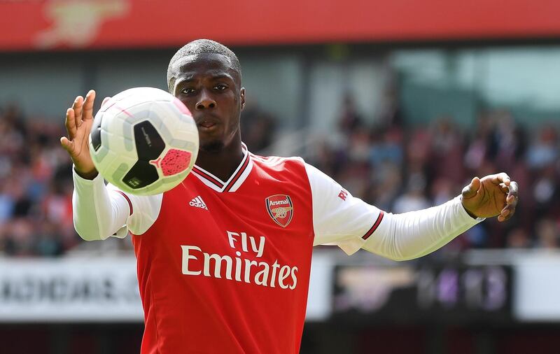 epa07777785 Arsenal's new signing Nicolas Pepe in action during the English Premier League soccer match between Arsenal and Burnley at the Emirates Stadium in London,  Britain, 17 August 2019.  EPA/ANDY RAIN EDITORIAL USE ONLY. No use with unauthorized audio, video, data, fixture lists, club/league logos or 'live' services. Online in-match use limited to 120 images, no video emulation. No use in betting, games or single club/league/player publications