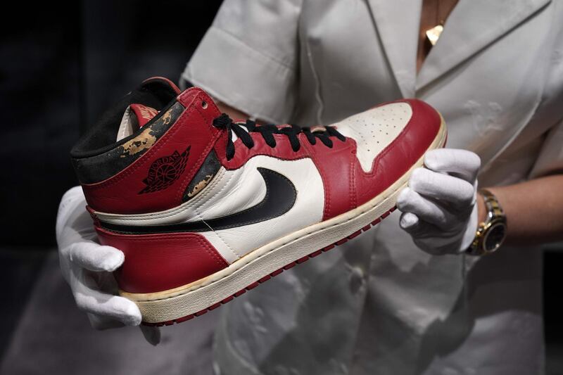 The Air Jordan 1 High worn by Michael Jordan in 1985 are the most expensive sneakers ever auctioned, going for $615,000. AFP