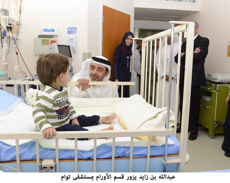 Sheikh Abdullah bin Zayed, the Foreign Minister, visited patients at the Oncology Centre at Tawam Hospital. WAM