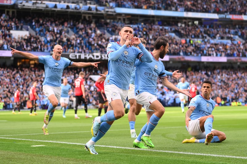 Phil Foden celebrates after giving Manchester City an early lead. Getty