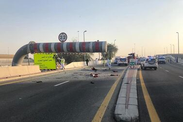The maximum-height sign in Dubai that was struck by the bus. Seventeen passengers died in June 2019 in the tragedy. The National 