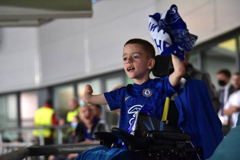 A Chelsea fan watches on during the Uefa Super Cup 2021 match against Villarreal.