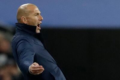 Real Madrid coach Zinedine Zidane gives directions to his players during a Champions League Group H soccer match between Tottenham Hotspurs and Real Madrid at the Wembley stadium in London, Wednesday, Nov. 1, 2017. (AP Photo/Matt Dunham)