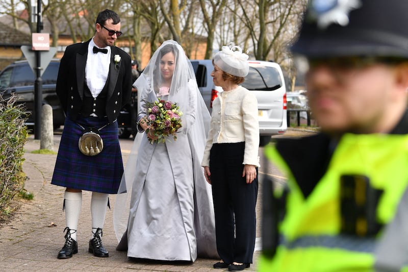 Ms Moris arrives with relatives at Belmarsh Prison to marry Julian Assange. AFP