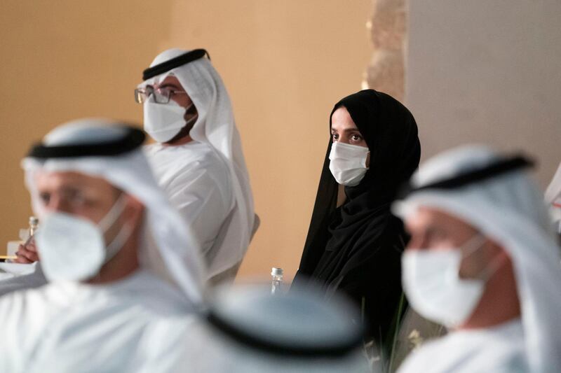 ABU DHABI, UNITED ARAB EMIRATES - April 07, 2021: HE Maryam Eid Al Mheiri, CEO of Media Zone Authority & and twofour54 (C), attends the Abu Dhabi Awards ceremony, at Qasr Al Hosn.

( Hamad Al Mansoori / Ministry of Presidential Affairs  )
---