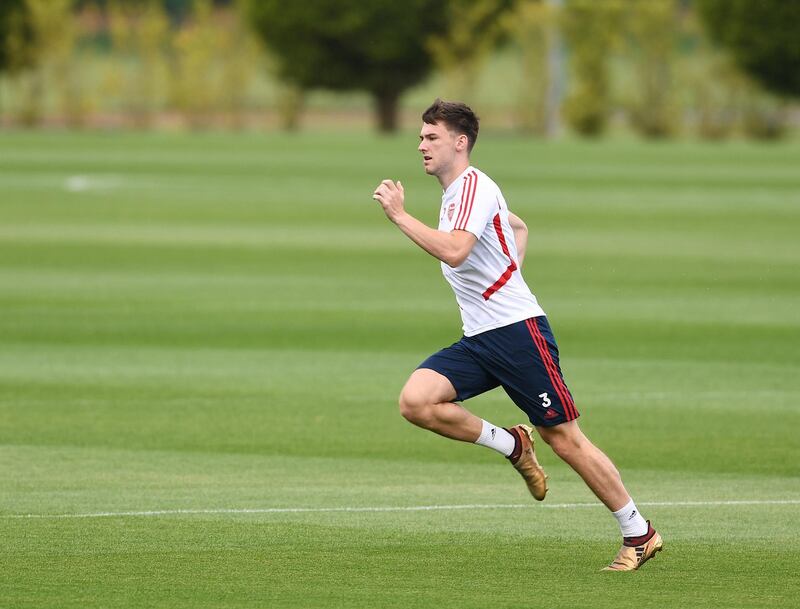 ST ALBANS, ENGLAND - MAY 22: Kieran Tierney of Arsenal during a training session at London Colney on May 22, 2020 in St Albans, England. (Photo by Stuart MacFarlane/Arsenal FC via Getty Images)