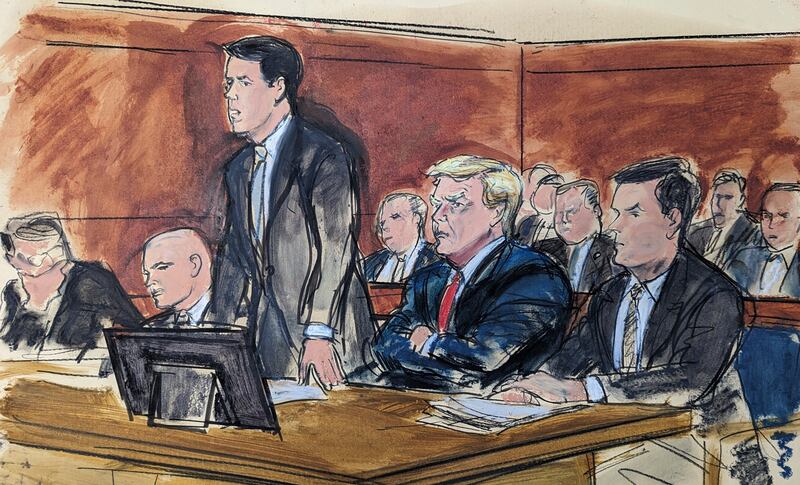 In this courtroom sketch, lawyer Todd Blanche stands as he enters a plea of not guilty on behalf of former US president Donald Trump in federal court in Miami, Florida. AP