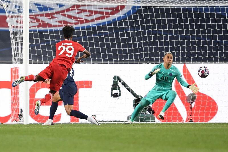 Bayern 's Kingsley Coman heads past PSG goalkeeper Keylor Navas to score for the Germans. AFP