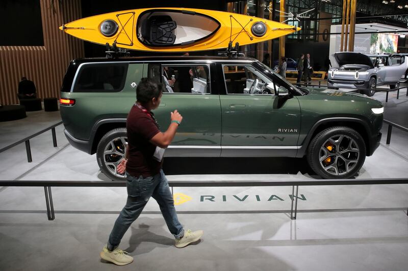 FILE PHOTO: A Rivian R1S All-Electric SUV is displayed at the 2019 New York International Auto Show in New York City, U.S, April 17, 2019. REUTERS/Brendan McDermid - RC1934B99510/File Photo