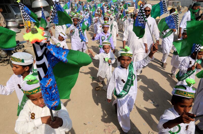Pakistanis during a rally before the birthday of Prophet Mohammed, in Karachi, Pakistan. Eid-Milad-ul-Nabi is celebrated by Muslims every year on the 12th of Rabi-ul-Awal, the third month of the Islamic calendar. EPA