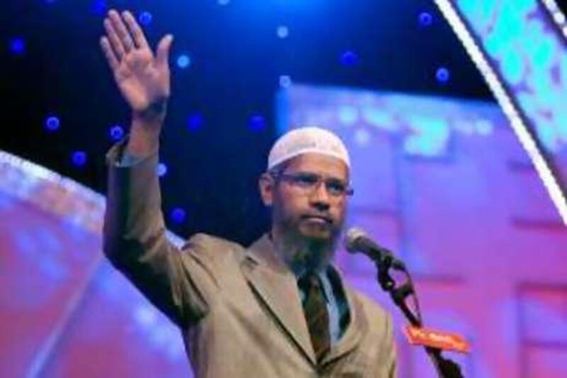 Dubai - August 27, 2009 - Dr. Zakir Naik spoke before 15,000 people at the Dubai Airport Expo Center in Dubai August 27, 2009.  (Photo by Jeff Topping/The National)  *** Local Caption ***  JT001-0828-DR. ZAKIR NAIK_F8Q6093.jpg