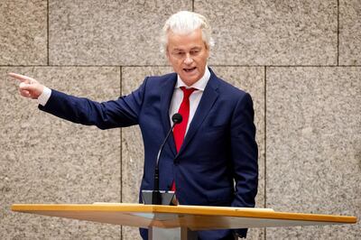 epa08490186 Leader of the far-right Party for Freedom (PVV) Geert Wilders speaks during a debate in the Senate (upper house of the Dutch parliament) in The Hague, The Netherlands, 17 June 2020. The senators debated the country's positions in the upcoming European summit scheduled for 19 June.  EPA/SEM VAN DER WAL