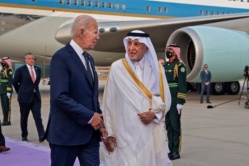 US President Joe Biden is received by Prince Khalid Al Faisal Al Saud, Governor of Makkah, in Jeddah. Photo: Media Office of the Governor of Mecca