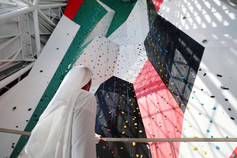 Abu Dhabi, United Arab Emirates - November 28th, 2019: Athletes and famous skydivers as well as climbers will be the first who experience the world's biggest indoor skydiving flight chamber and the world's tallest indoor climbing wall on the opening ceremony of the ultimate indoor adventure venue, Clymb. Thursday, November 28th, 2019. Yas Mall, Abu Dhabi. Chris Whiteoak / The National