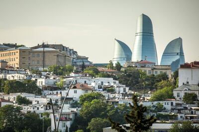 BAKU, AZERBAIJAN - 2016/05/13: A general view of Flame Towers. Baku, is one of the most beautiful cities in the world which is located at the joint of Europe and Asia. The capitals name is interpreted as a wind blow, city of winds or hill, city on the hill. (Photo by Aziz Karimov/Pacific Press/LightRocket via Getty Images)