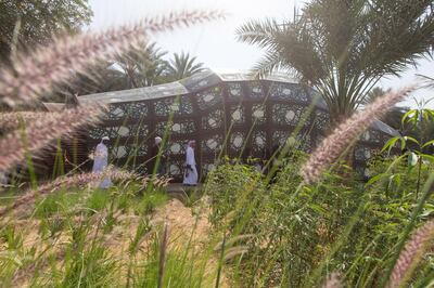 Al Ain, United Arab Emirates, February 22, 2017:    People visit the eco center at Al Ain Oasis as part of the, My Old House tour, a new cultural walking tour that has been launched by the Abu Dhabi Tourism & Culture Authority, TCA, in Al Ain on February 22, 2017. Christopher Pike / The National

Job ID: 49936
Reporter: Nick Leech
Section: Focus
Keywords: Emirati men *** Local Caption ***  CP0222-focus-my-old-house-06.JPG