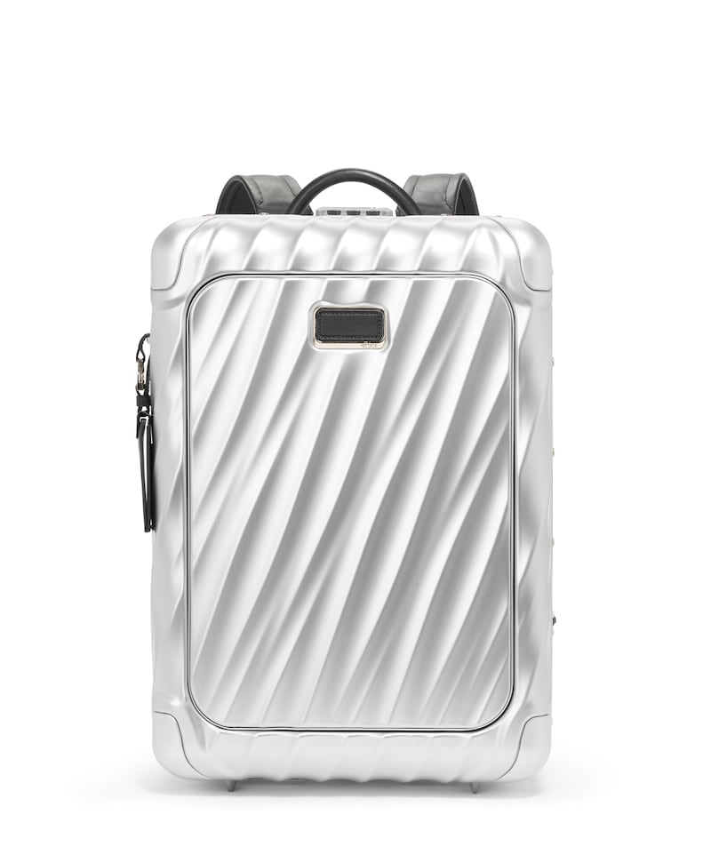 19 Degree aluminum flat front pocket backpack in silver, Dh7,190, Tumi. Photo: Tumi