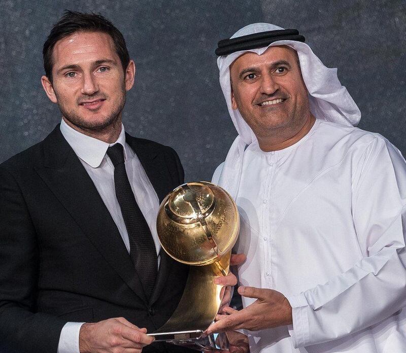 Frank Lampard being awarded a 'Player Career Award' on Sunday at the Globe Soccer Awards in Dubai. EPA Photo