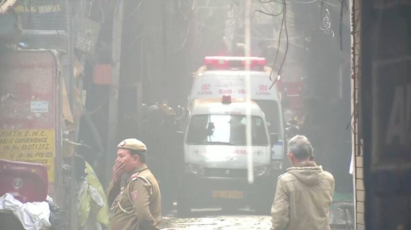 Ambulences are seen as police and firefighters respond to a deadly fire that swept through a factory where laborers were sleeping, in New Delhi, India December 8, 2019, in this still image taken from video. ANI/via REUTERS TV. ATTENTION EDITORS - THIS IMAGE WAS PROVIDED BY A THIRD PARTY. NO RESALES. NO ARCHIVE. MANDATORY CREDIT. Broadcasters:NO USE INDIA. Digital:NO USE INDIA. For Reuters customers only.