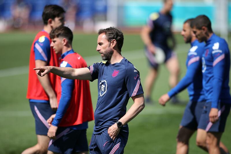 England manager Gareth Southgate makes a point during training. PA