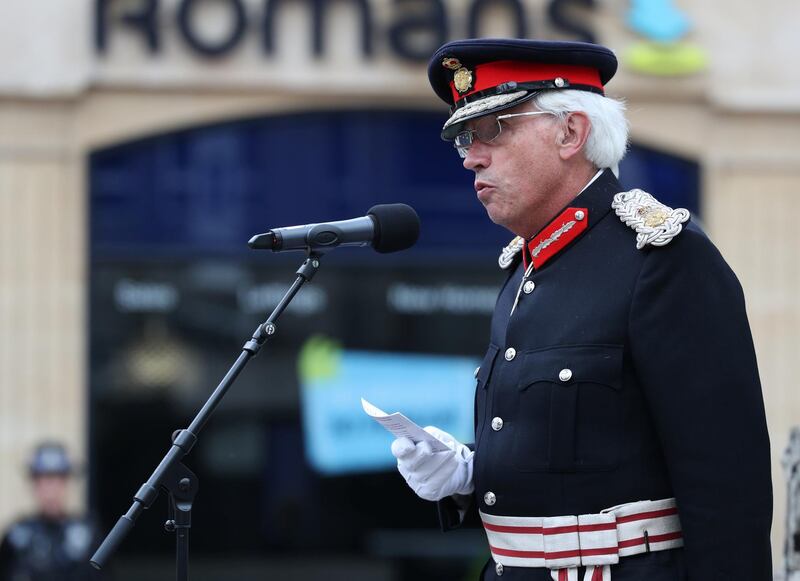 Lord Lieutenant of Berkshire James Puxley speaks during a vigil in memory of David Wails, Joseph Ritchie-Bennett and James Furlong, the victims of a stabbing attack, in Reading, Britain, June 27, 2020. REUTERS