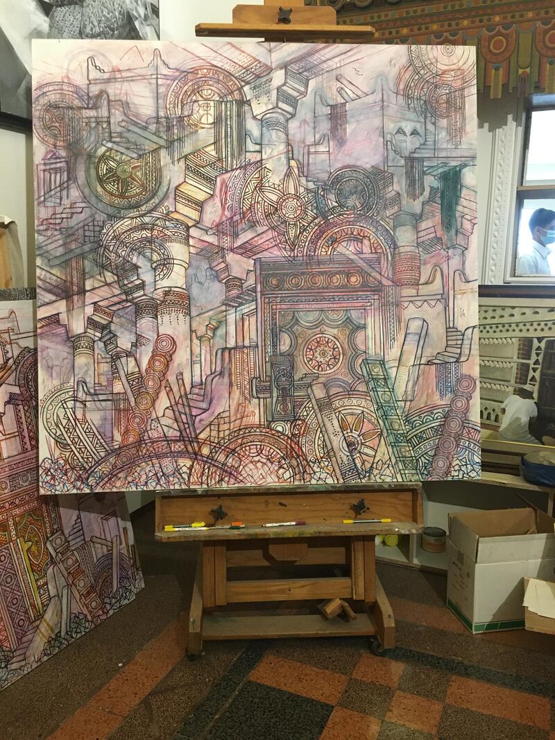 A work in progress in Ali Al Ruzaiza's studio, at the back of his house. Courtesy Melissa Gronlund