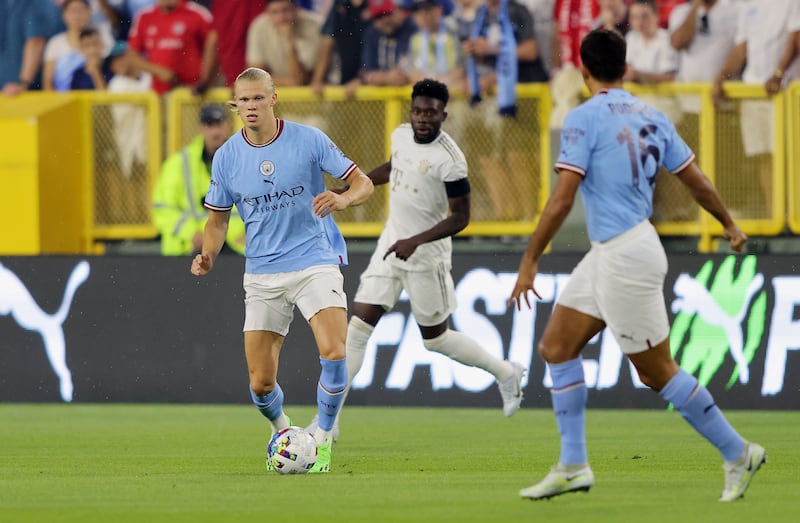 Erling Haaland on the ball during the pre-season friendly match between Bayern Munich and Manchester City. Getty