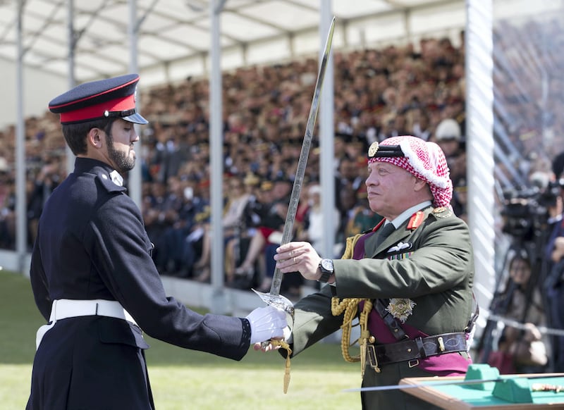 SANDHURST,UNITED KINGDOM. 11/8/17. Officer Cadet Ahmed Al Mazrooei from the UAE receives the International Sword for Best International Cadet from King Abdullah II of Jordan at the Sovereign's Parade at the Royal Military Academy Sandhurst, United Kingdom. Stephen Lock for the National   FOR NATIONAL 